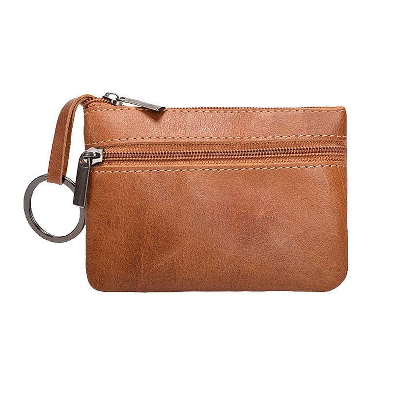 Hibate Brown Small Leather Coin Purse Change Pouch for Women Men Kids with Zip Key Ring - Image 1